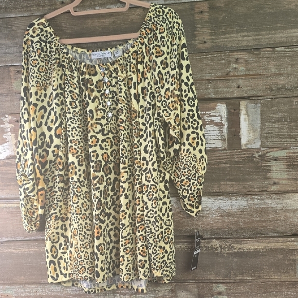 Rebecca Malone Yellow and Black Animal Print Blouse, Plus Size 2X, NWT - Picture 1 of 4
